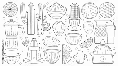 Outlined kitchenware and desert plants including cacti, citrus fruit, and juicers in black and white silhouette