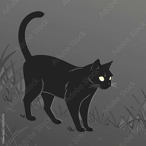 A black cat prowls in the night, its eyes glowing in the darkness