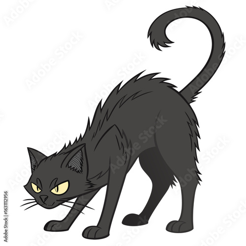 An arched back black cat with yellow eyes, isolated on white background