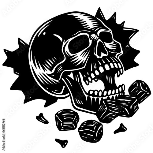 Black and white skull with broken teeth and shattered pieces isolated on white background