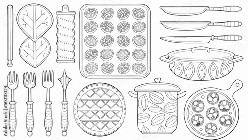 Illustration of kitchen utensils including pots pans forks and baking trays in black and white outline style silhouette