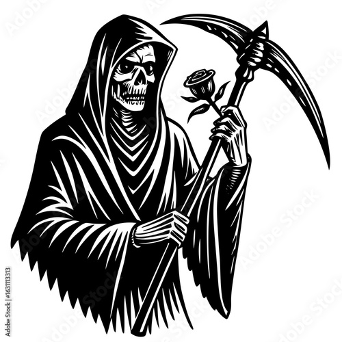 The grim reaper holding a rose and scythe isolated on white background