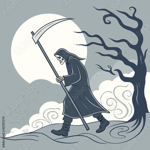 The grim reaper walking with a scythe in front of the moon and a tree