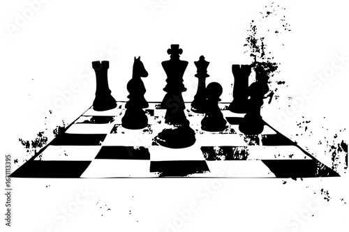 Vector Black chess pieces arranged on a checkered board .