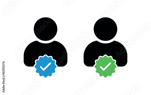 Verified user account icon, check mark symbol vector illustration for social media profile authentication and confirmation badge, blue and green check mark signs