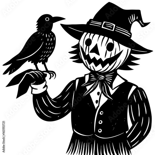 A scarecrow with a crow on his hand isolated on white background