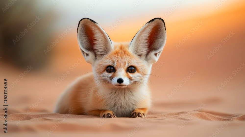 Obraz premium Sweet and Curious Fennec Fox in Desert Landscape with Beautiful Evening Sunset Background