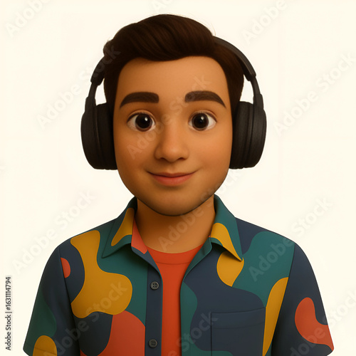 3D cartoon character of a graphic designer, colorful shirt, headphones, creative look