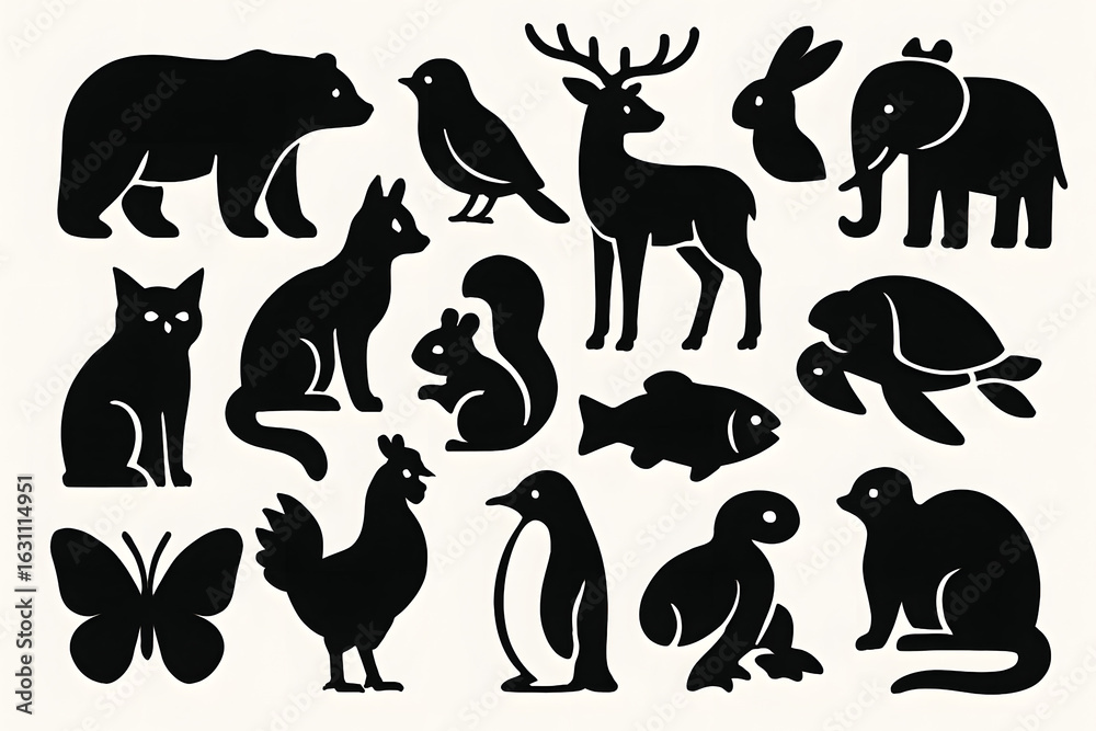 Naklejka premium Silhouetted Animal Collection: A captivating array of silhouetted animal figures, each meticulously crafted to highlight the beauty and uniqueness of wildlife.