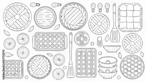 A collection of kitchenware and food items including pies, bowls, oranges, and cooking utensils laid out silhouette