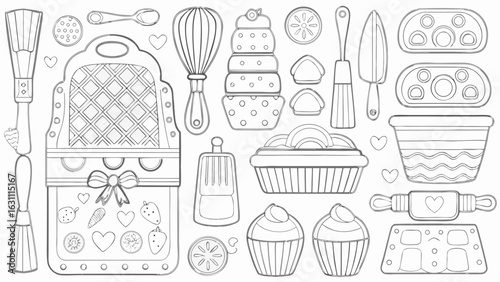 Detailed outline drawing featuring an assortment of baking tools and dessert items arranged together nicely silhouette