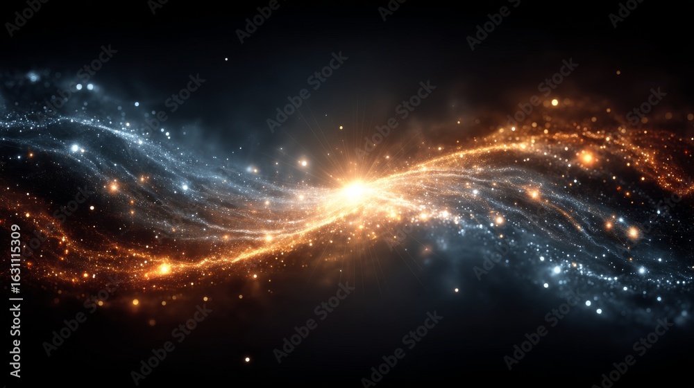 Naklejka premium A bright burst of glowing particles radiates outward into space with swirling patterns against a dark backdrop,