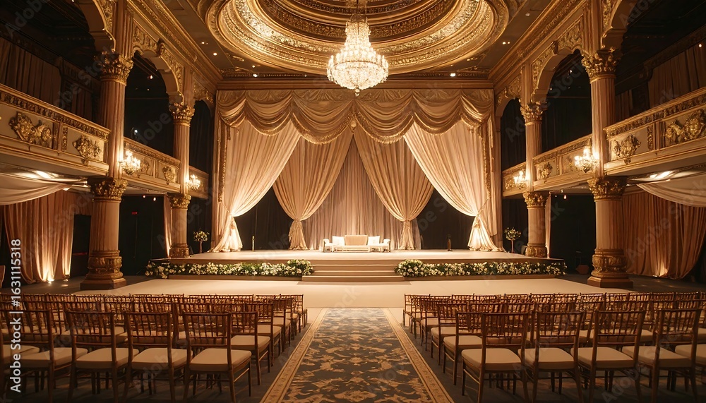 Obraz premium Ornate hall with stage, draped curtains, and rows of chairs