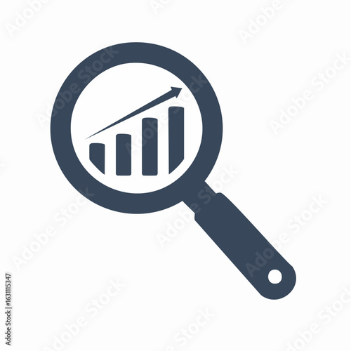 Magnifying glass analyzing upward trending bar graph, signifying growth and progress.