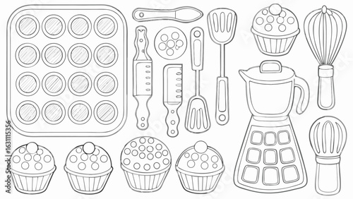 Illustration of baking tools and cupcakes including a muffin tin, spatula, mixer and cupcakes on white background silhouette