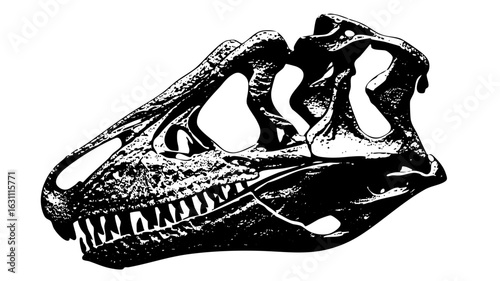 Vector Detailed dinosaur skull in monochrome style.