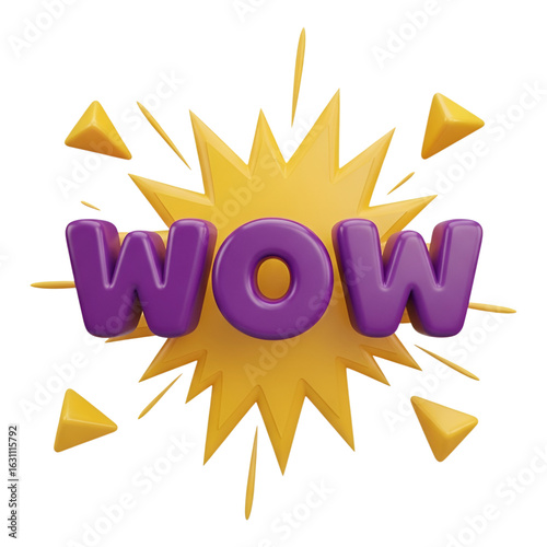 3d icon of the word wow in purple 3d letters with a yellow starburst explosion and triangles, isolated on transparent background 3d render icon