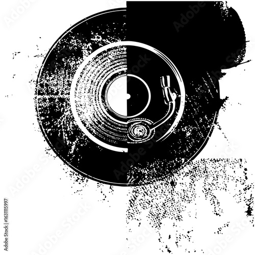 Vector Vintage turntable with detailed arm and record grooves.