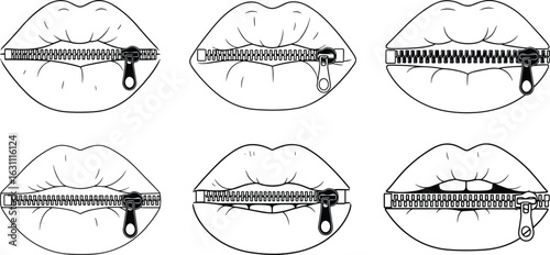 Lips with zipper concept illustration, silence symbol, censorship metaphor, speak no evil, creative vector art, shut mouth design.
