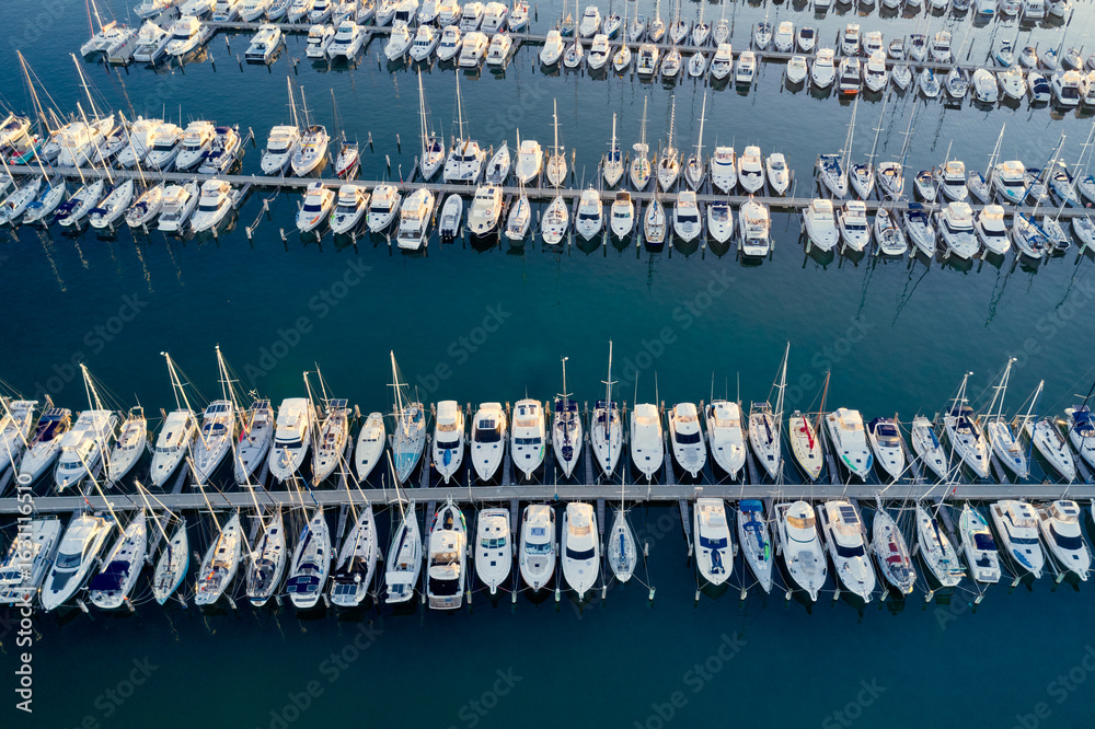 Aerial view of yachts moored in rows in a marina in Fremantle Aerial view of yachts moored in rows in a marina in Fremantle