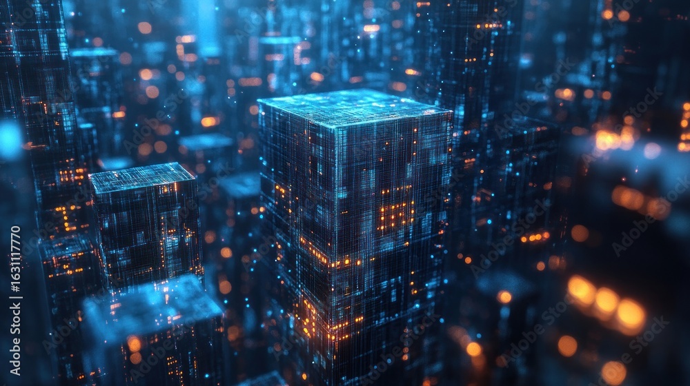 Obraz premium Digital cityscape of glowing cubes.