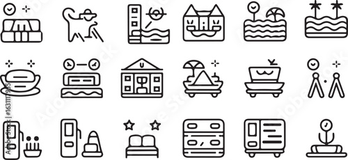 Collection of travel related outline icons representing destinations accommodation activities and transportation for vacation planning concepts