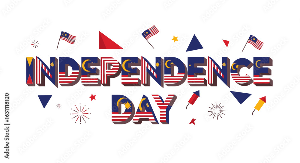 Fototapeta premium Celebrate Malaysian Independence Day with vibrant flags, fireworks, and festive typography