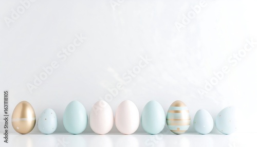Pastel Easter eggs in a row against a white background