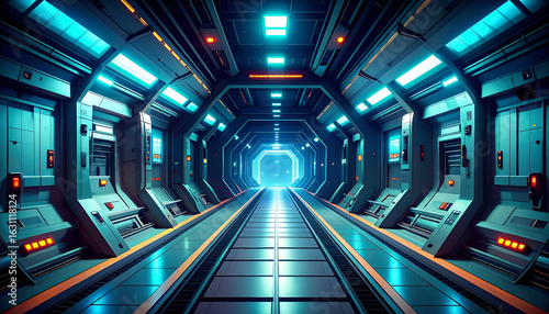 Fototapeta Naklejka Na Ścianę i Meble -  Futuristic spaceship corridor with glowing.