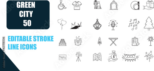 Collection of Editable Stroke Line Icons for Various Purposes and Occasions and Green City 50 theme