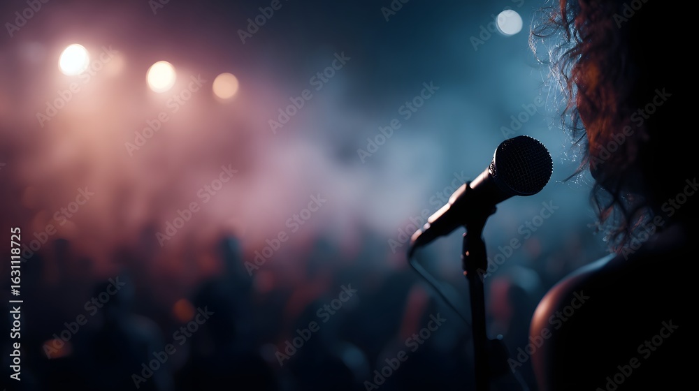 Obraz premium Singer holding microphone on concert stage with live performance lighting