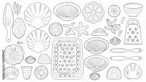 Illustration of various kitchen utensils and food items including shells citrus and a grater on white silhouette