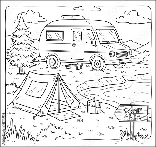 Outdoor camping scene with camper van, tent, campfire pot, pine tree, and camp area sign in black and white coloring page style