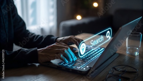 Person's hands typing on laptop keyboard; glowing search bar graphic; night; technology; internet search; digital; online; modern; professional; dark mood.