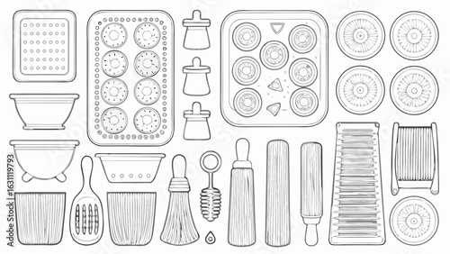 Outline drawing featuring kitchen utensils including baking pans bowls brushes and other cooking equipment items silhouette