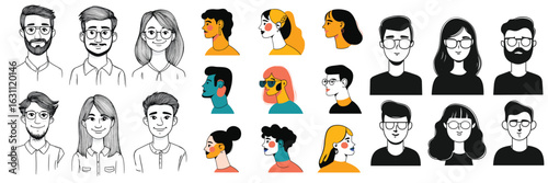 variety of avatar portraits in line art and flat color for profile design