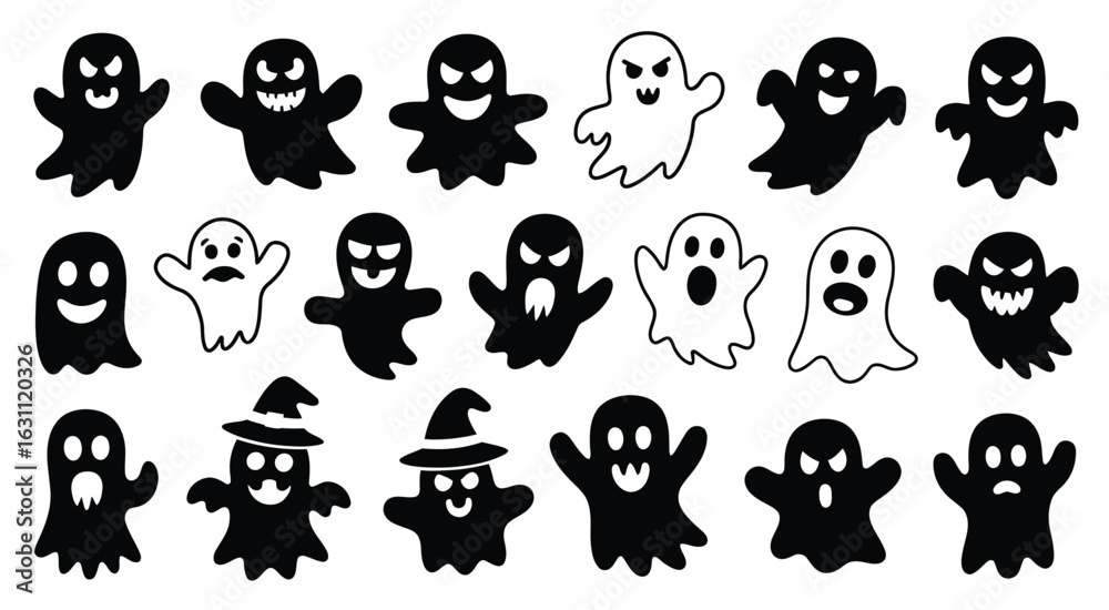 Obraz premium Emotional Halloween Ghosts Vector Set - Spooky Expressions with Witch Hat | B&W Line Art for Holiday Designs