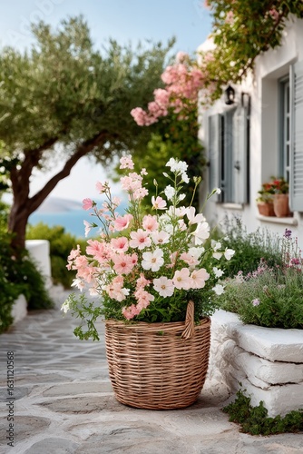Pastel flowers in a basket, outdoor scene