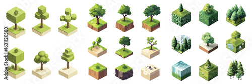 isometric set of stylized trees in low poly design for landscape and game environment