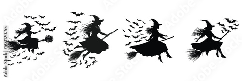 variety of witch silhouettes flying on broomstick for halloween design