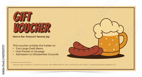 Oktoberfest gift voucher with beer sausage in retro mid century style. Vintage vector illustration isolated on white background for brewery steak house diner pub bar and more, retro colors
