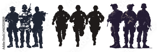 silhouettes of SWAT police team in action for security and tactical design