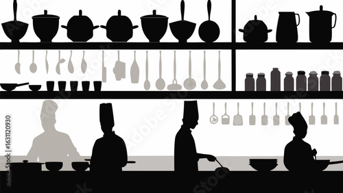 Silhouette of chefs cooking in a kitchen with pots pans and utensils on shelves and counter tops