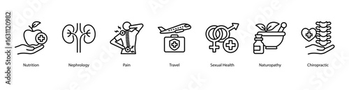 Holistic Health web banner icon vector illustration featuring Nutrition, Nephrology, Pain, Travel, Sexual Health, Naturopathy, and Chiropractic.