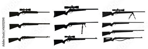 set of rifle silhouettes including sniper and hunting guns for weapon design