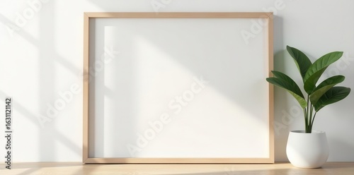 Clean wooden frame against bright white wall; ample space for artwork , gallery, home, blank
