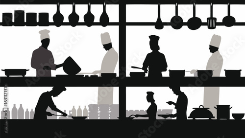 Silhouette of chefs cooking in a restaurant kitchen with hanging pots and pans and various kitchen equipment