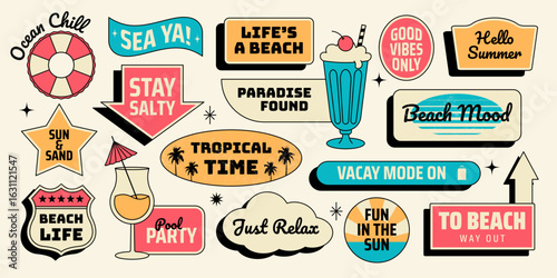 Retro sticker set with tropical quotes, chill drinks, pool vibes, sunset icons and more elements. Vector illustration in vintage colorful style