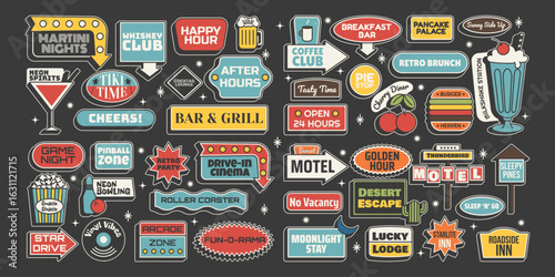 Retro sticker set. Complete mid century signage pack with motel, bar, diner and entertainment signs. Vector illustration isolated on dark background