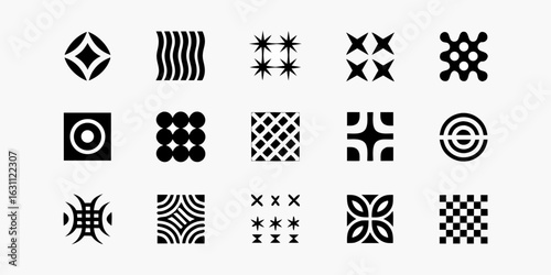 Collection of fifteen unique black geometric abstract patterns and symbols on a white background